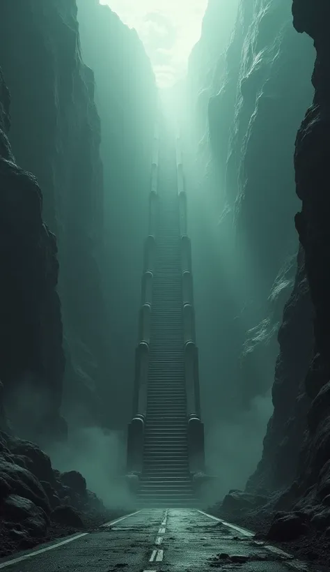 detailed fantasy scene, imposing stairways reaching high into the sky next to dramatic highway descending into hell, ethereal light shafts, dramatic shadows, hyper-detailed, cinematic composition, muted color palette, moody atmosphere, highly realistic, ma...