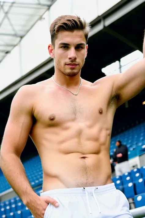 A photo taken from the stands, Photo of a young man, handsome and athletic footballer 