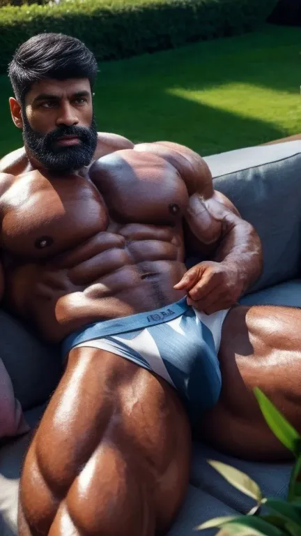 White and black hairstyle, from above view, A handsome 50 years old indian latino white hairy soldier white skin thick beared oily body muscular daddy man laying on sofa in garden weared perfect big huge bulge in stripe undies, masterpiece, hd, HDR, depth ...