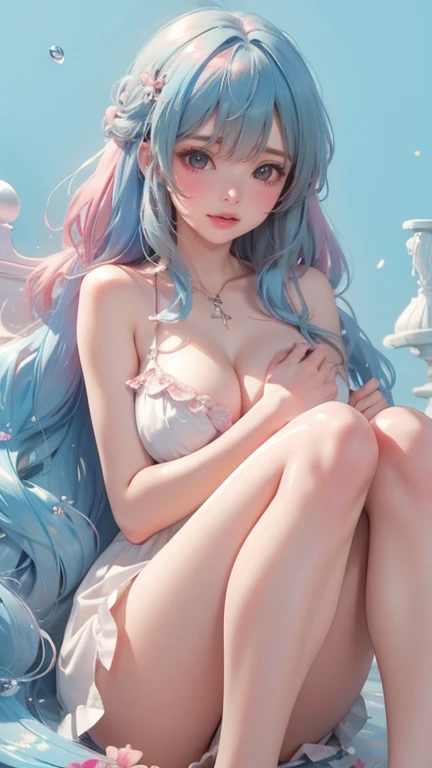 （((knee shot)),（masterpiece、The best、High resolution），（Colored background，（splash of color）），cute girl，Light blue and white medium length hair，[light blue|pink]hair，curls，shiny，红pink的嘴唇，The cracks are relatively large，splash of color，Volumetric lighting，pl...