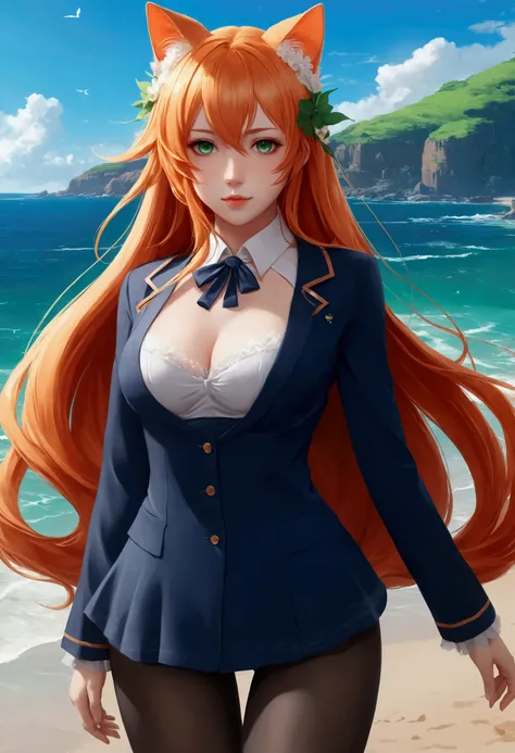 anime girl with long orange hair standing on beach near ocean, green eyes detailed digital anime art, cat ears, , anime girl with long hair, smooth anime cg art, anime girl with long hair, average breast size, digital anime art, artwork in the style of guw...