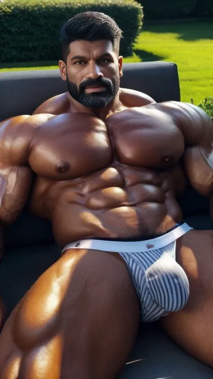 Perfect big huge penis coming out from underwear, White and black hairstyle, from above view, A handsome 50 years old indian latino white hairy soldier white skin thick beared oily body muscular daddy man laying on sofa in garden weared perfect big huge bu...