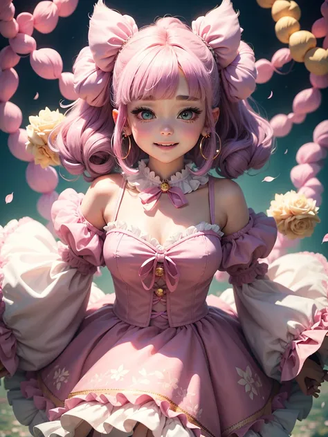 cutel 、Puff sleeves、Fluffy skirt、ribbon hair accessories, Anatomically correct, Bob Hair, Hoop Earrings, happiness/joy, Crystal Earrings, Hoop Earrings,  , pink, , Eyes are symbols,, Widescreen, Leaf、Floral animal shaped hood, 