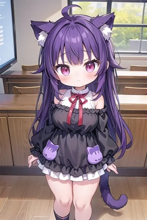 1 Cute naughty Short Stature Girl, (large breasts), thick legs, red eyes, (ahoge, messy hair:1.2, tired hair:1.2, flipped hair, very long hair), cat ears, cat tail, black hair, (purple hair:1.2), (Wizard attire, off shoulder, neck_ribbon, sleeves past wris...