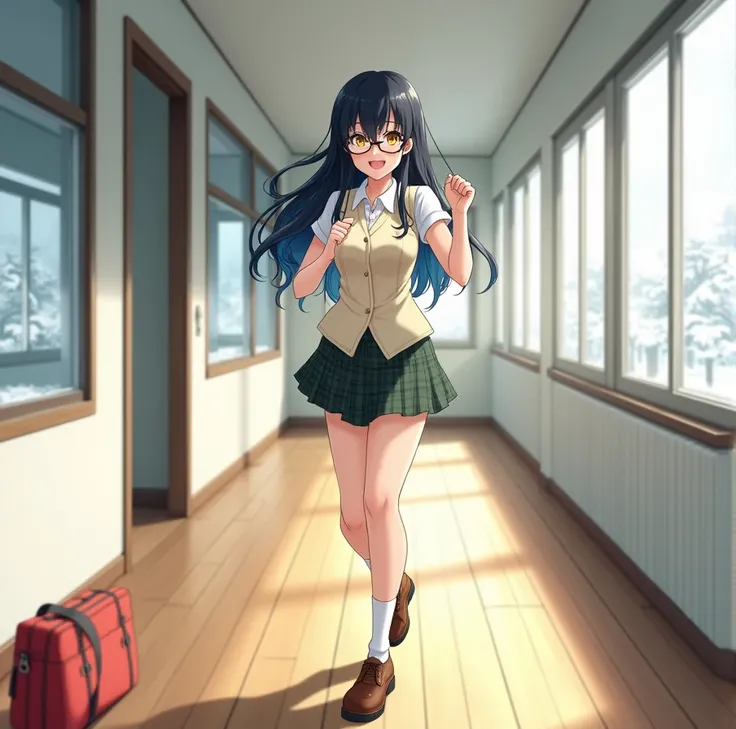 a 1 anime style woman, anime style To Love Ru, soft lighting, Walking through the halls inside a white school, wooden floor, Tokyo College, A snow-covered courtyard is reflected in the windows in the afternoon, Mido 166 cm tall, Her measurements are Bust 6...