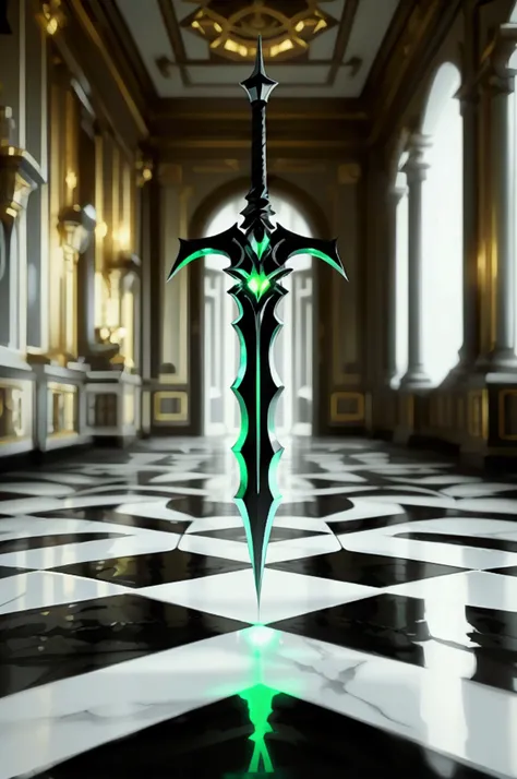 Depp rich black background, white and black iridescent checkered flooring, the checkered floor is opening up in the center, in the center is a black silhouette with dagger like claws that are lit up neon green and have a checkered design on them,