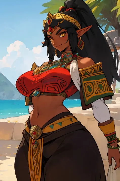 1girl athletic gerudo, elf ears, yellow eyes, black hair, (dark skin:0.7), (detailed face:1.1), portrait princess, very wide hip...