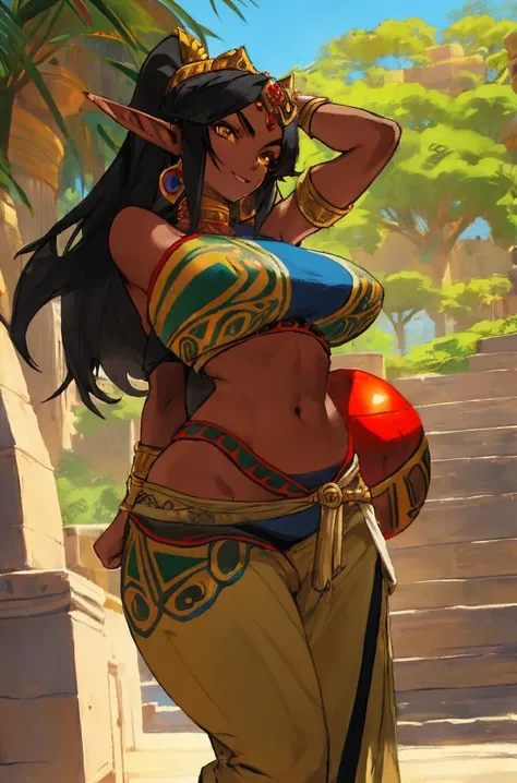 1girl athletic gerudo, elf ears, yellow eyes, black hair, (dark skin:0.7), (detailed face:1.1), portrait princess, very wide hips, smile, huge breasts, aztec style outfit, long pants outdoors, masterwork, best quality, highly detailed