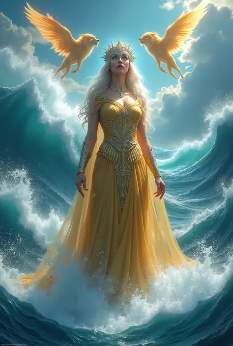 A grand Golden Queen Athena With Blue lighting Eyes and Silver Crown In the Big Split Ocean With Giantic Waves and She Walking The Center of Spliting And Two fire Wings lions With Red Eyes Flying In the Sky