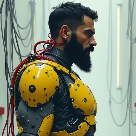 A cybernetic man seen in profile, with a fusion of flesh and exposed robotic components, including red and gray cables and circuits. His left shoulder is replaced by a large yellow mechanical prosthesis, contrasting with his dark skin and full beard. The s...