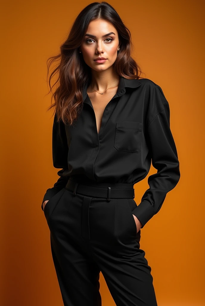 Models, professional: 1.6, (The best quality, 4k, 8K, High resolution, masterpiece: 1.2), ultra detailed, realistic, modern style, moda elegant, Full body photo: 1.5, Plano general: 1.5, elegant, uniform clothe of light black shirt and black pant, elegant ...