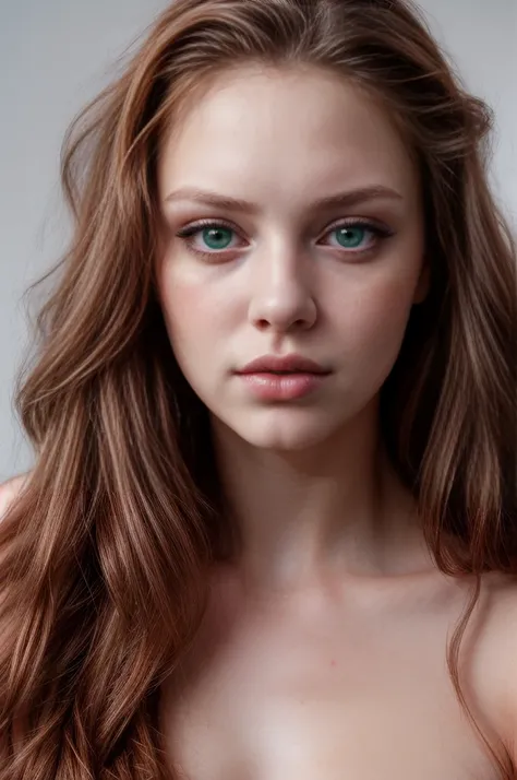 portrait of a beautiful sexy young women, facing camera, entire face and hair, white background, closed mouth with large lips, 20 years old, blue eyes, red long hair, light makeup, perfect skin, studio lighting, photorealistic, 4K