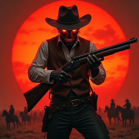 viewers view, portrait, abstract art, video game, man  - demon with burning eyes, John Marston - demon, riding on a horse, with a cowboy hat on his head, in a brown vest of the nineteenth century and a white shirt of the nineteenth century, in cowboy pants...