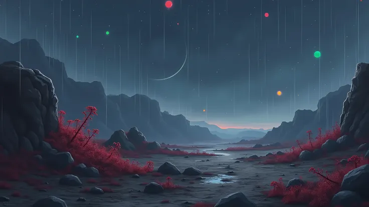 deep space, deserted rocky landscape, small hills, some weird red plants, night, raining, on the space you can see planets in various colors; (no humans); anime art, stylized
