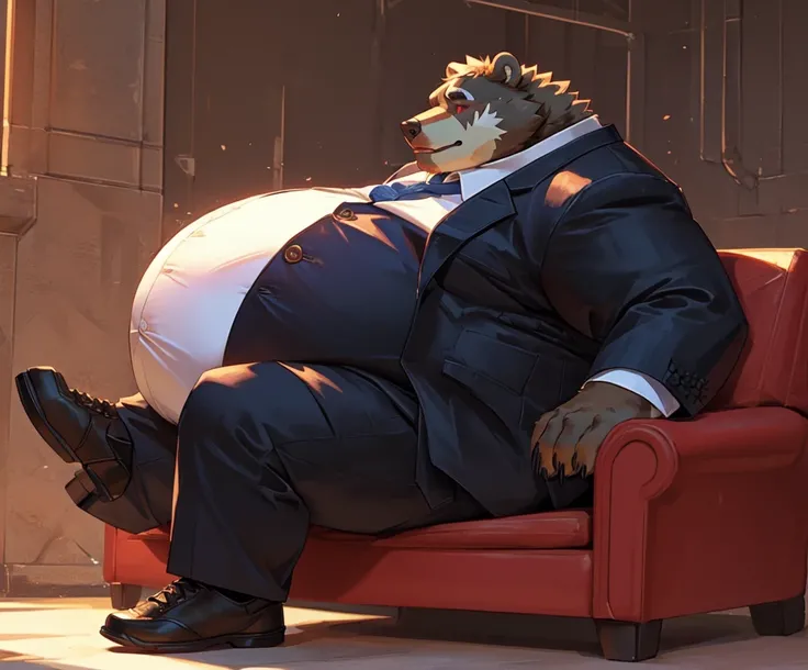 Very Extremely Morbidly-Obese grizzly bear with Very Extremely massive Overhang hyper Belly, very extremely overweight, massive belly, chubby face, chubby legs, chubby butt, laying on sofa, scar on the face, wears shoes, wears business suit, red eyes, side...