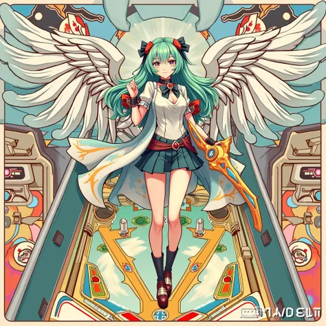  Cartoon picture of ai interactive app on pinball game Anime-style image of a woman holding a sword and wings, from Ark Night, From Azur Lane Games, azure lane style, Pixel art by artist kirokaze, guweiz on artstation pixiv, Ark Night, guweiz on pixiv arts...