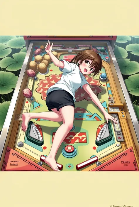 pinball machine，leisure farm，wearing a swimsuit、Anime girl in white shirt and black shorts,1 girl, ai interactive app cartoon picture of a girl lying on a marble game, The girl&#39;s hand is part of the game，Feet are one of the games，Marbles are in the sha...