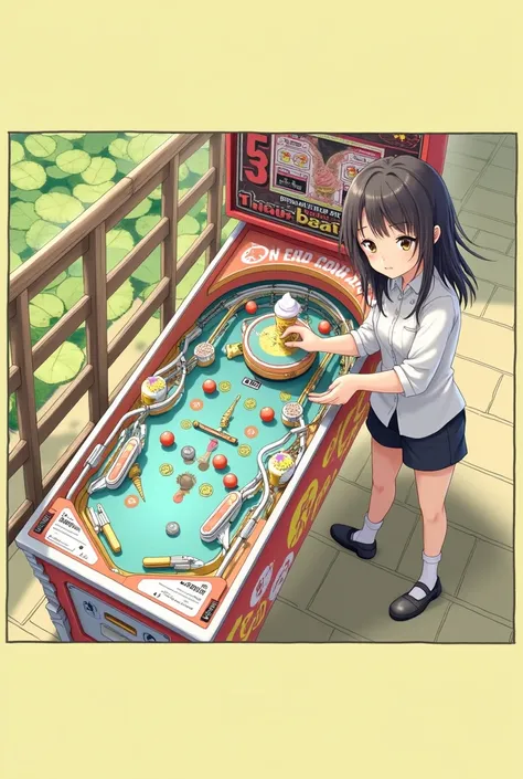 pinball machine，leisure farm，wearing a swimsuit、Anime girl in white shirt and black shorts,1 girl, ai interactive app cartoon picture of a girl lying on a marble game, The girl&#39;s hand is part of the game，Feet are one of the games，Marbles are in the sha...