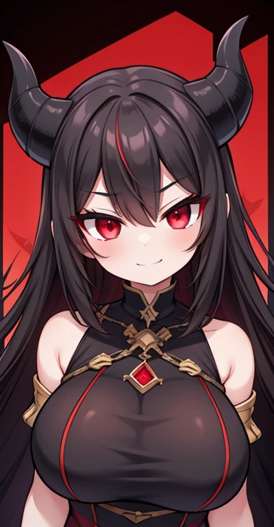 A Beautiful and Tall Girl, with Long Charcoal Hair, Expressive Red Eyes, and a Curvy Figure. Wearing a Pyromancer Outfit, with a Red and Black Color scheme and accents of Gold. Mild-Closeup, striking a Mischievous Grin, Black Horns, mysterious forest backg...