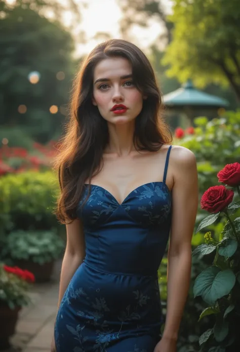 short hair, nnlnnx, (sharp focus:1.2), photo, attractive young woman, (beautiful face:1.1), detailed eyes, luscious lips, (bold red lip colour:0.85), (medium breasts:1.0), (slim body:1.2), (long hair:1.2), wearing (1980s peplum dress:1.2) in a (botanical g...