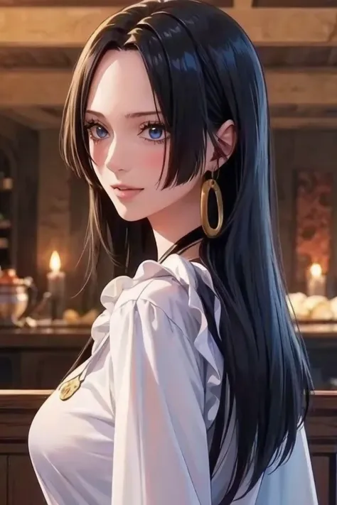 best quality, masterpiece, highly detailed,1girl, (detail light), Boa Hancock,, (masterpiece:1.5), Detailed Photo, Smiling,(8K, Photorealistic, Best Quality: 1.4), (1girl), Beautiful Face, (anime realistic Face), (Black Hair, long Hair: 1.3), Beautiful Hai...