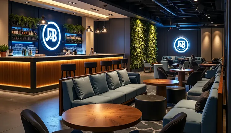 Left Side:
Blue Wall with Neon Tubes:
Cream-Colored Wall
Overhead Hanging Shelf with Bottles
Modern Wooden Counter

Left Wall:
Beige Wall with Illuminated JB Logo: Next to the blue section, a beige part of the wall features an illuminated J&B logo

Back Wa...