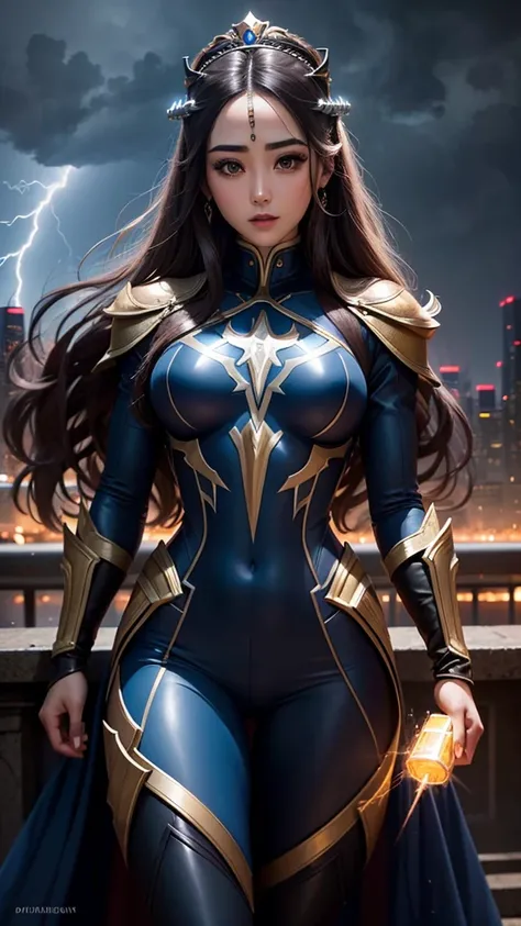 portrait of Queen Dilraba Dilmurat very sexy bodysuit as half Thor (Marvel) and half Batman (DC), amid a lightning storm over a futuristic cityscape