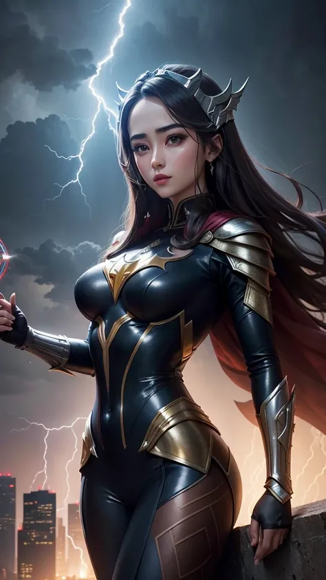 portrait of Queen Dilraba Dilmurat very sexy bodysuit as half Thor (Marvel) and half Batman (DC), amid a lightning storm over a futuristic cityscape