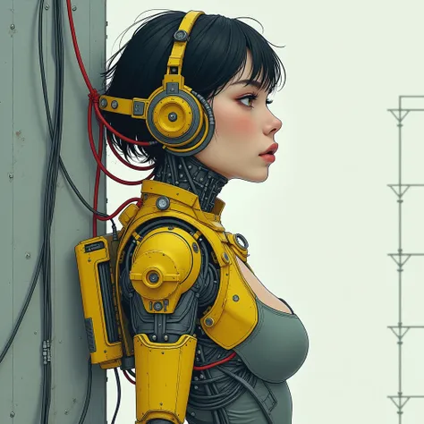 A cybernetic woman seen in profile, with a fusion of flesh and exposed robotic components, including red and gray cables and circuits. His left shoulder is replaced by a large yellow mechanical prosthesis, The style is inspired by cyberpunk and futuristic ...