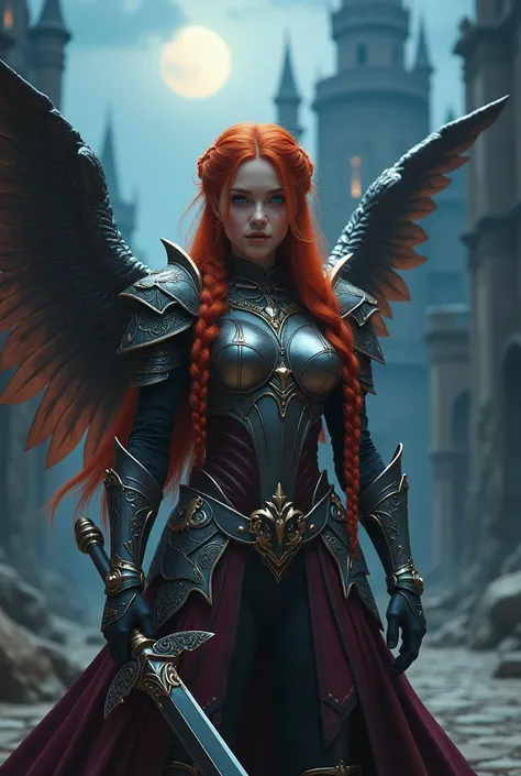 A girl, young, beautiful, supermodel, ((photorealistic)), long red hair, large braid, medium breasts, slim body, blue eyes, perfect body, (beautiful fantasy armor, intrincate details), ((fir large wings)), (large fantasy sword), at night, in a fantasy cast...