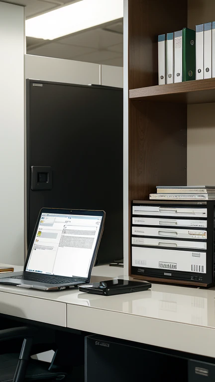 A scene in an office environment depicting the process of digitizing documents. Show a professional using a high-quality scanner to digitize papers, with a nearby computer viewing digital files. The background should include shelves with physical documents...