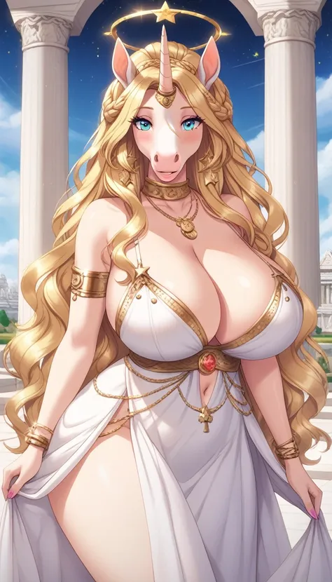 masterpiece, detailed, HQ, big ass,sexy,milf,horse,girl,(horse,furry), white fur, (goddess of horses), unicorn, halo, voluptuous, curvy, milf, (glittering mane, golden stars in mane, golden mane), bright light, white temple interior, sexy, white marble tem...