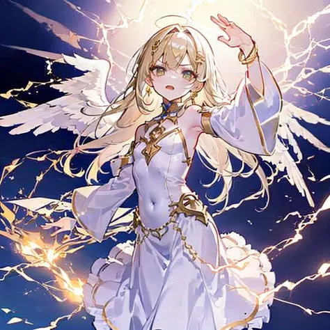 angel、golden long hair、white costume、white wings、flat chest、long sleeve、long skirt、angelの輪、gold decoration、gold bracelet、clear、a...