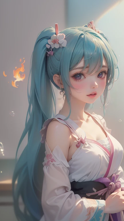 masterpiece},{The best},{(((masterpiece、Best Quality、Best Quality、official art、Beautiful and moving:1.2)、(one person:1.3)Hatsune Miku、Twin ponytails,beautiful breasts, Katsushika Hokusai,Adorable art depicts adorable Ditki as a little wizard baby, surround...