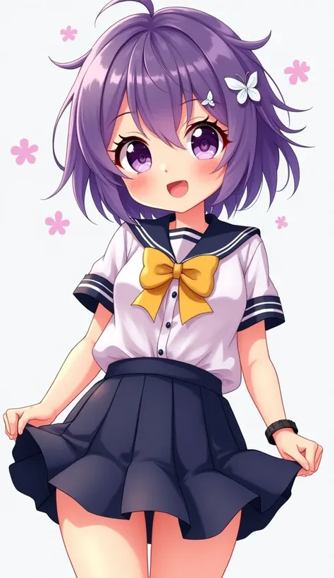 Character description for the model:
- Body and outfit: Keep the current style of the school uniform, with the white blouse, the dark skirt and the yellow bow.
- Hair:
 - Style: short hair y desordenado, with strands that fall unevenly.
 - Color: purple, w...