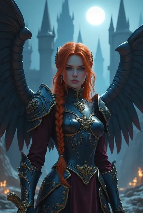 A girl, young, beautiful, supermodel, ((photorealistic)), long red hair, large braid, medium breasts, slim body, blue eyes, perfect body, (beautiful fantasy armor, intrincate details), ((fir large wings)), (large fantasy sword), at night, in a fantasy cast...