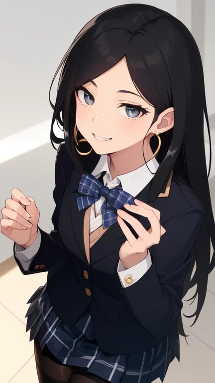 (Beautiful black hair:1.6),Long Hair,(Straight hair:1.5),Center Parting,Gorgeous big eyes,(boyish:1.8),(カドミウムグリーンの目),つり目,(tall),(scrawny),((A confident smile)),Medium Bust,fair skin,BREAK,
(golden circle earrings1.0),BREAK,
((dark blue blazer, tartan check...