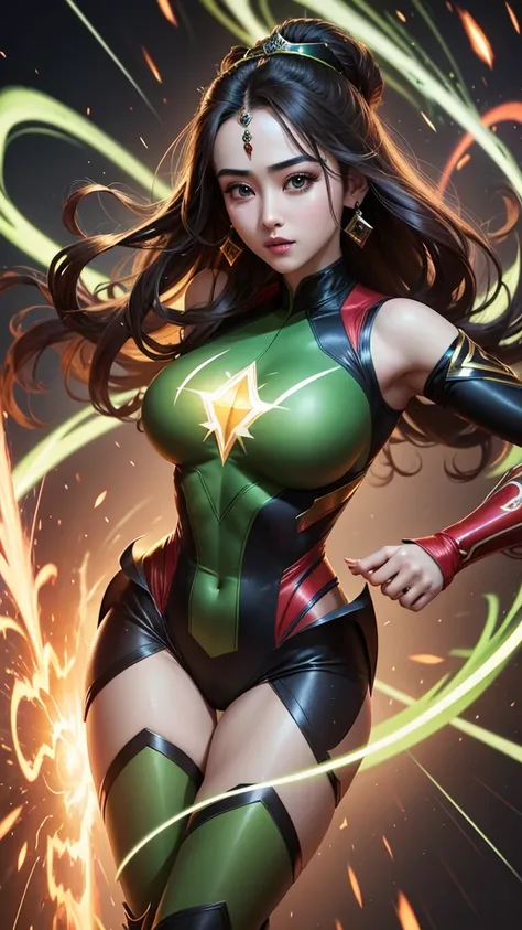 portrait of Queen Dilraba Dilmurat very sexy bodysuit as half Hulk (Marvel) and half Flash (DC), racing through a time vortex with streaks of green and red