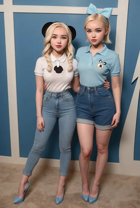 dove cameron carried and kissed donald duck on the lips. dove cameron is wearing blue polo, blue high heels, and skinny blue jea...