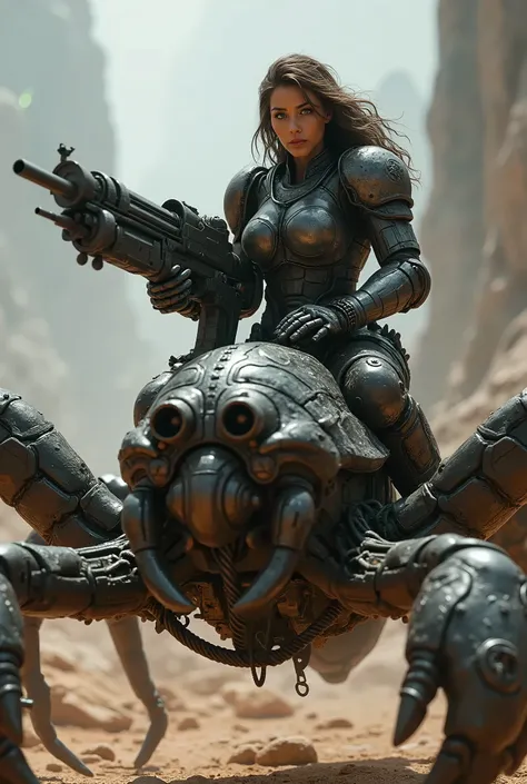 A highly detailed armored woman riding a massive space scorpion, holding a large machine gun, sci-fi, cinematic lighting, dramatic composition, photorealistic, 8k, (best quality,4k,8k,highres,masterpiece:1.2),ultra-detailed,(realistic,photorealistic,photo-...