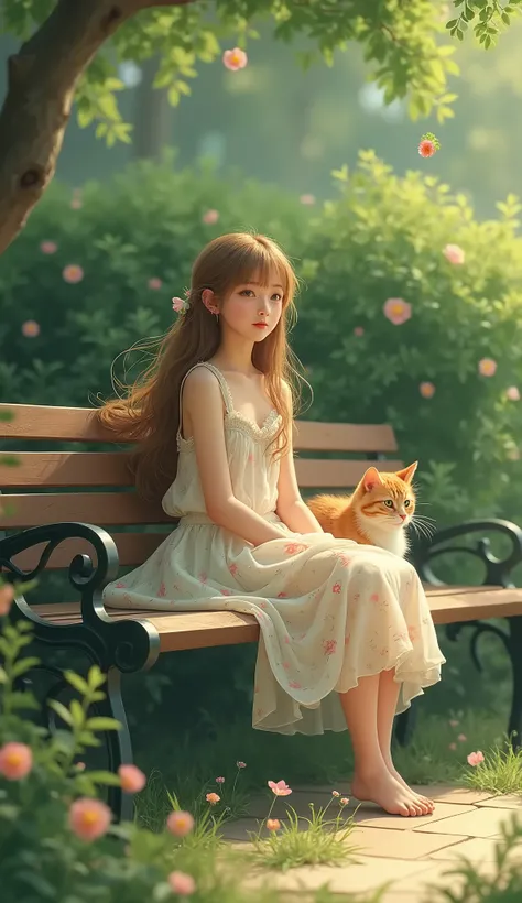 A long-haired girl wearing a floral dress, sitting on a park bench with a yellow cat, Around him grew small flowers that bloomed, bushes as a background