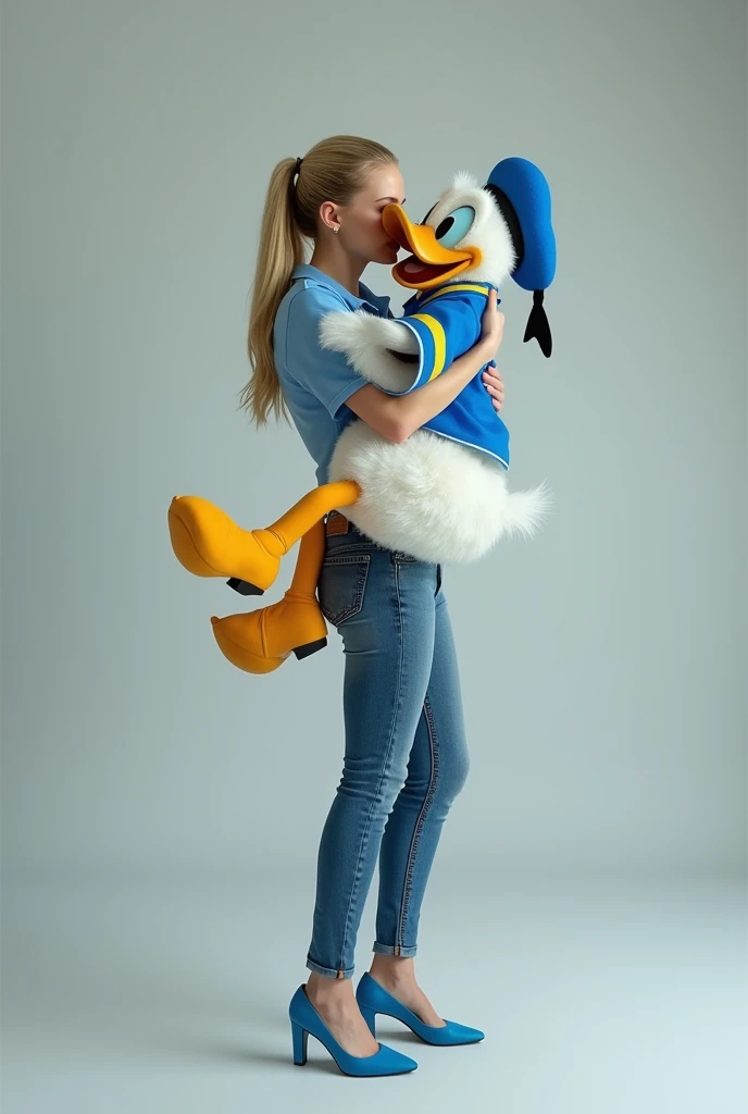 dove cameron carried and kissed donald duck on the lips. dove cameron is wearing blue polo, blue high heels, and skinny blue jea...