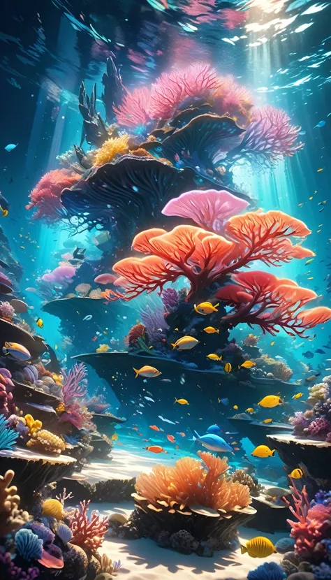 A breathtaking surreal underwater seascape, elegant ocean visuals, vibrant bioluminescent marine life, ethereal glowing colors, shimmering light and shadow play, serene weightless tranquility, abstract digital art, intricate coral formations, stunning othe...