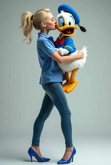 dove cameron carried and kissed donald duck on the lips. dove cameron is wearing blue polo, blue high heels, and skinny blue jea...