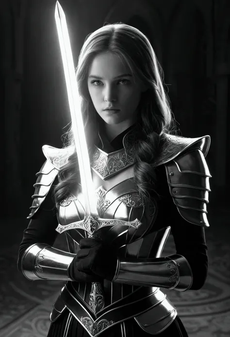 A girl standing alone, holding a shining sword and wearing equally glowing gloves. The entire scene is presented in monochrome, but the sword is surrounded by an electric light effect, creating a sharp contrast. The girl tightly closed her lips, her gaze f...