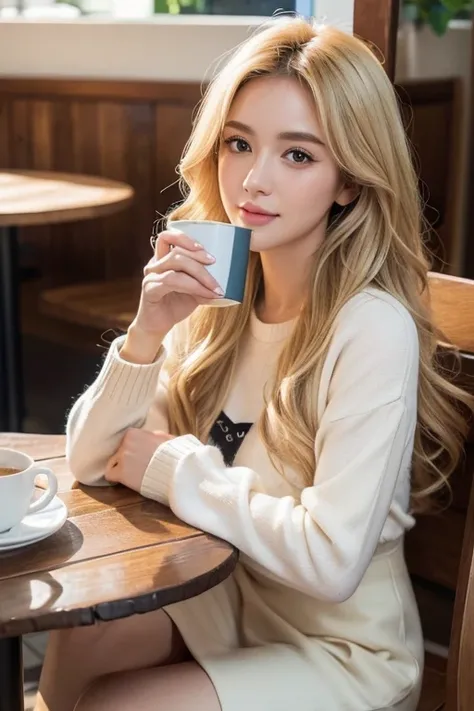 ((instagram foto))) Blonde influencer with natural wavy long hair,Influencer sits relaxed in a cafe and holds a cup of coffee, while a dog lies peacefully under the table. The scene radiates coziness and harmony, 8k, extremely detailed, Fotorealistisch, ko...