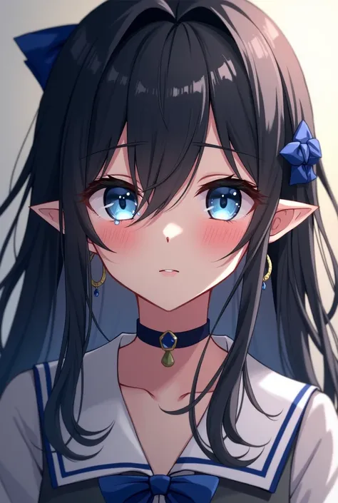 Long hair, Breasts, Blushing, Blue eyes, bang, Black hair, bang на глаза, Hair bow decoration, earrings, Pointed ears, tears, 