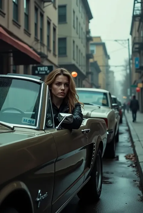 Intercut: wide shot of Valentyna sitiing in the Mustang parked a few blocks away. Exterior(Mustang parked on street)