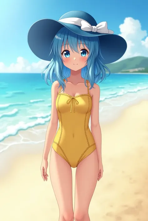 full-length girl, blue hair, in a yellow beach swimsuit, blue eyes, beach hat.