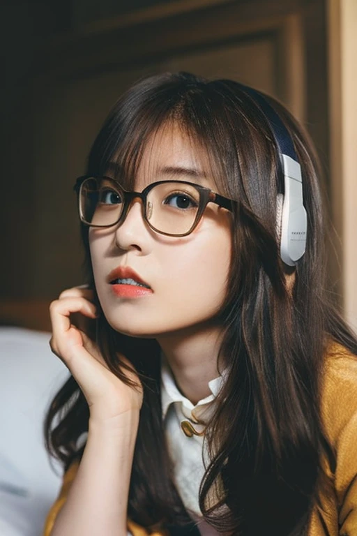 Korean Asian woman wearing glasses,Neckband gaming headphones,sitting on the bed, have glasses, Korean girl, แว่นตาthick, 1., 2, thick, 2, beautiful Asian girl, Asian girl, เด็กสาวและcute, have glasses on, phenomenon, cute, big glass, สาวแมวcuteมาก...,Japa...